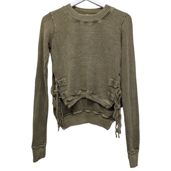 Free People Sweaters - FREE PEOPLE Women's Olive Green PullOver Laced CrewNeck Thermal Sweater Size XS